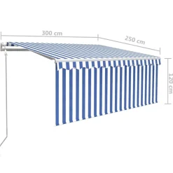 Automaattisesti kelattava markiisi verhoilla 3x2,5 m sinivalk.