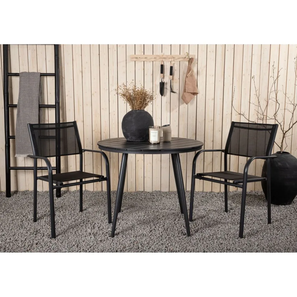 Parvekeryhmä Venture Home, ø90cm, musta Break-pöytä + 2 mustaa, pinottavaa Santorini-tuolia