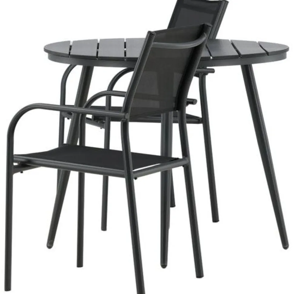 Parvekeryhmä Venture Home, ø90cm, musta Break-pöytä + 2 mustaa, pinottavaa Santorini-tuolia