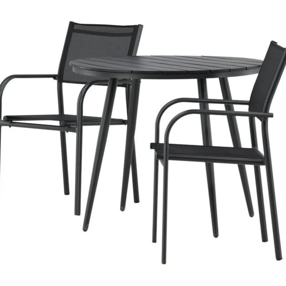 Parvekeryhmä Venture Home, ø90cm, musta Break-pöytä + 2 mustaa, pinottavaa Santorini-tuolia