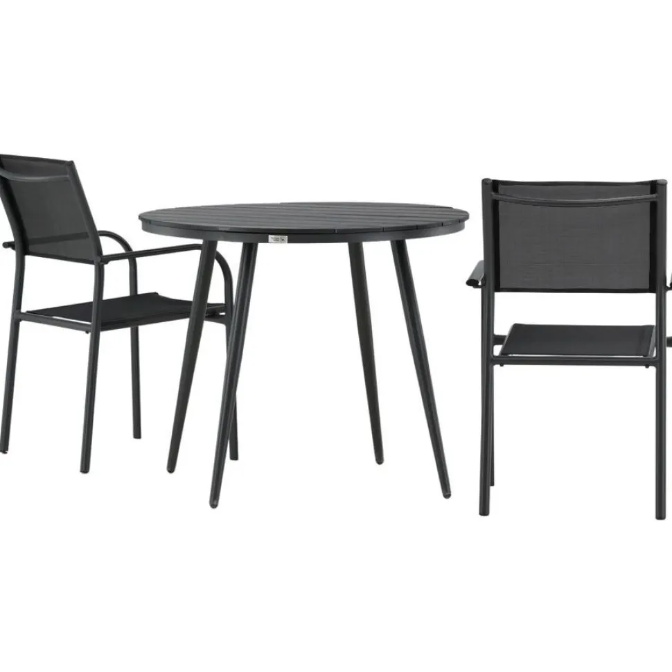 Parvekeryhmä Venture Home, ø90cm, musta Break-pöytä + 2 mustaa, pinottavaa Santorini-tuolia