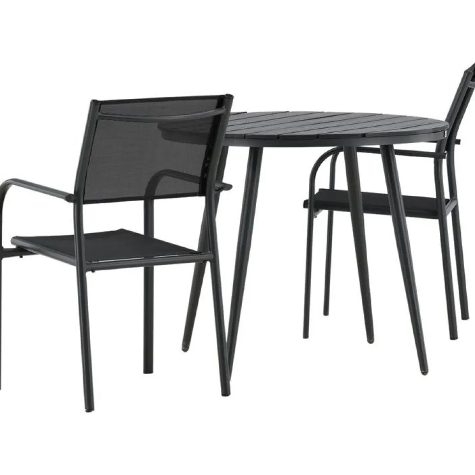 Parvekeryhmä Venture Home, ø90cm, musta Break-pöytä + 2 mustaa, pinottavaa Santorini-tuolia