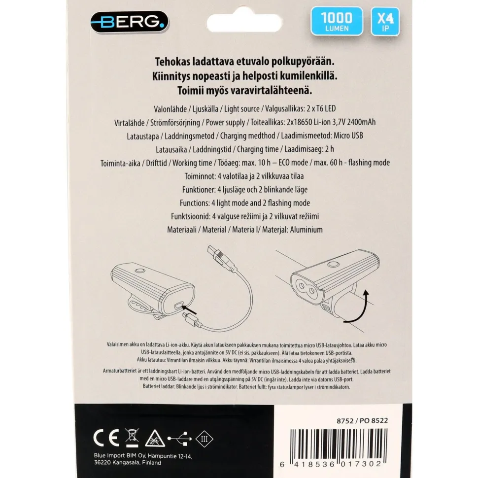 Polkupyörän led-etuvalo Berg, 1000lm, ladattava