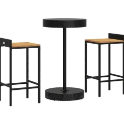 Puutarhan bistrosarja 3-osainen musta polyrottinki/täysi akasiapuu (87714)