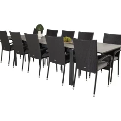 Ruokailuryhmä Venture Home, 229/310x100cm jatkettava harmaa/musta Levels-pöytä + 10 mustaa Anna-tuolia