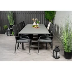 Ruokailuryhmä Venture Home, 229/310x100cm jatkettava harmaa/musta Levels-pöytä + 10 mustaa Anna-tuolia