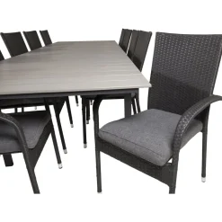 Ruokailuryhmä Venture Home, 229/310x100cm jatkettava harmaa/musta Levels-pöytä + 10 mustaa Anna-tuolia