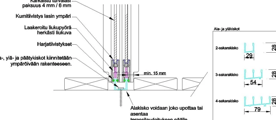 Terassin lasiliukuovi Keraplast 3-os. 2100x2870mm, kirkas/musta, sisäpuolinen nuppilukitus