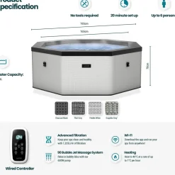 Ulkoporeallas Wave Spa Como, 6 hlöä, 90 suutinta, WiFi, kahdeksankulmainen, koottava, valkoinen
