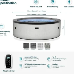 Ulkoporeallas Wave Spa Tahoe, 4 hlöä, 70 suutinta, WiFi, pyöreä, koottava, harmaa